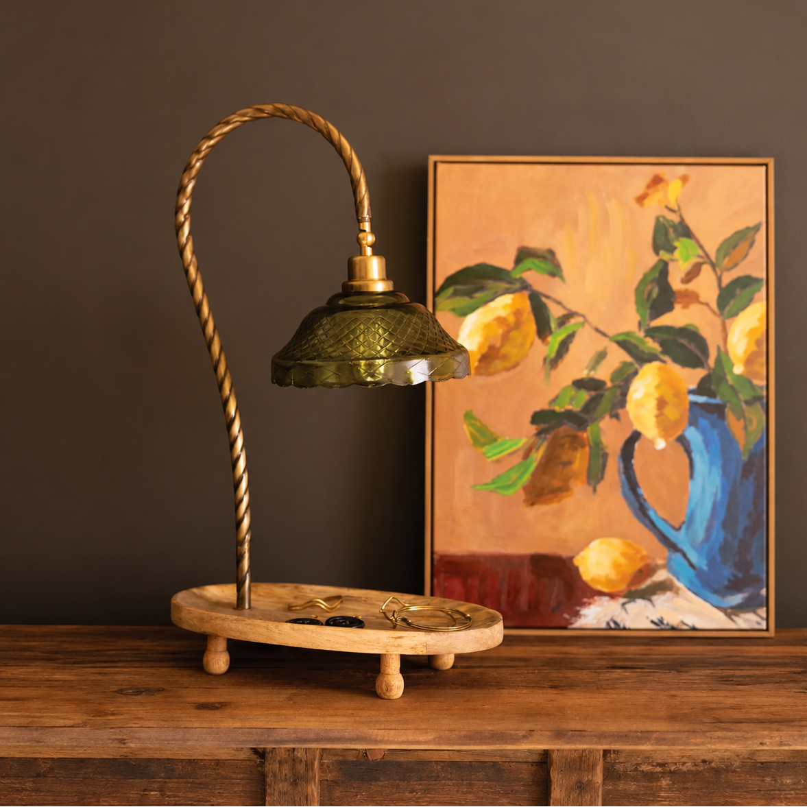 Gooseneck Table Lamp With Wooden Tray Base