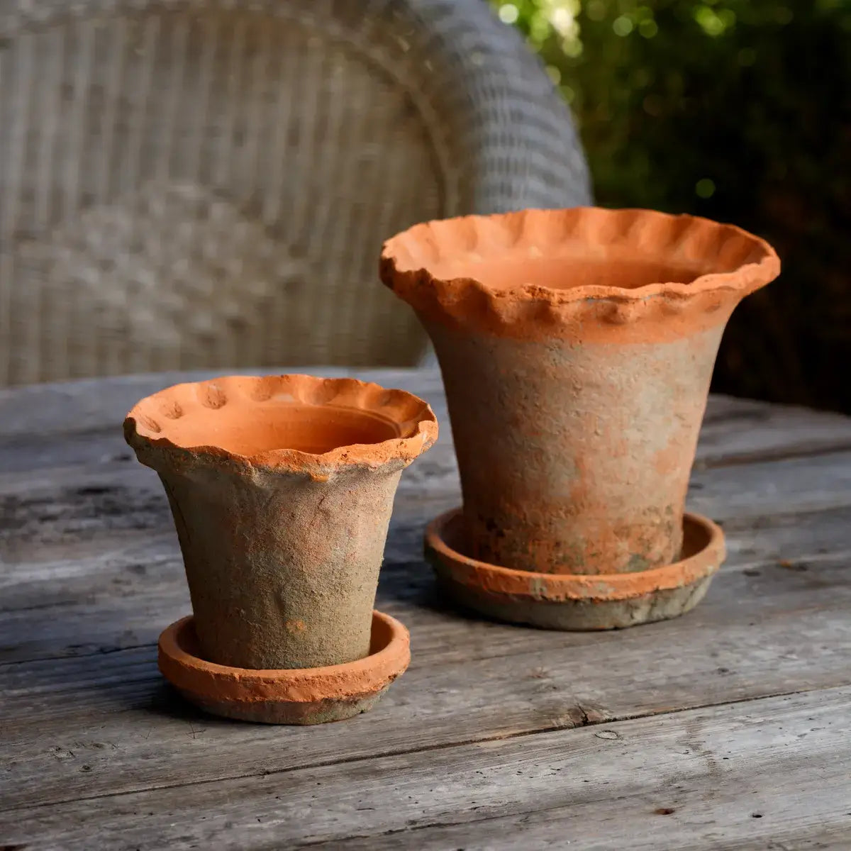 Tall Antiqued Red Clay Pie Crust Pot Set