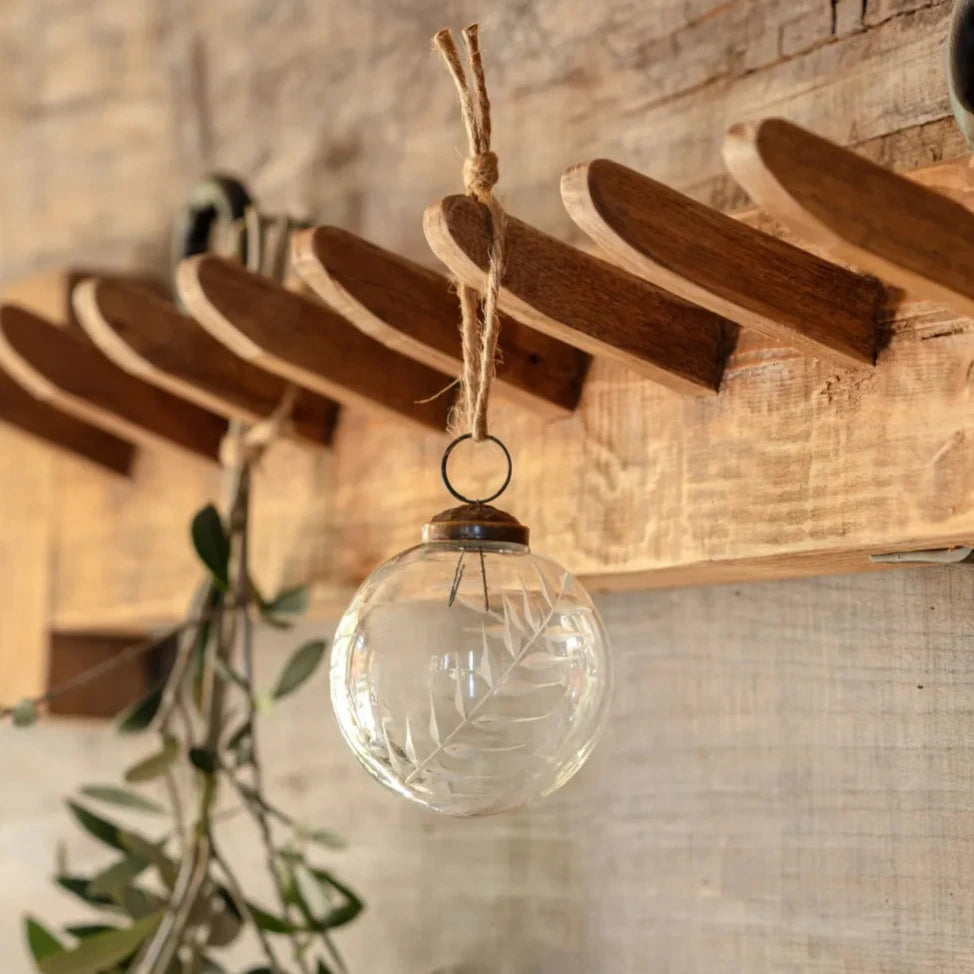 Clear Etched Laurel Glass Ornament Set