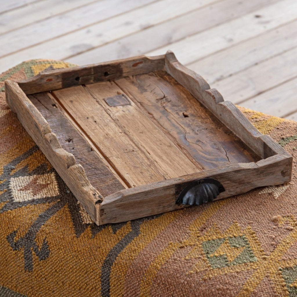 Rustic Wood Scalloped Wood Tray with Iron Handles