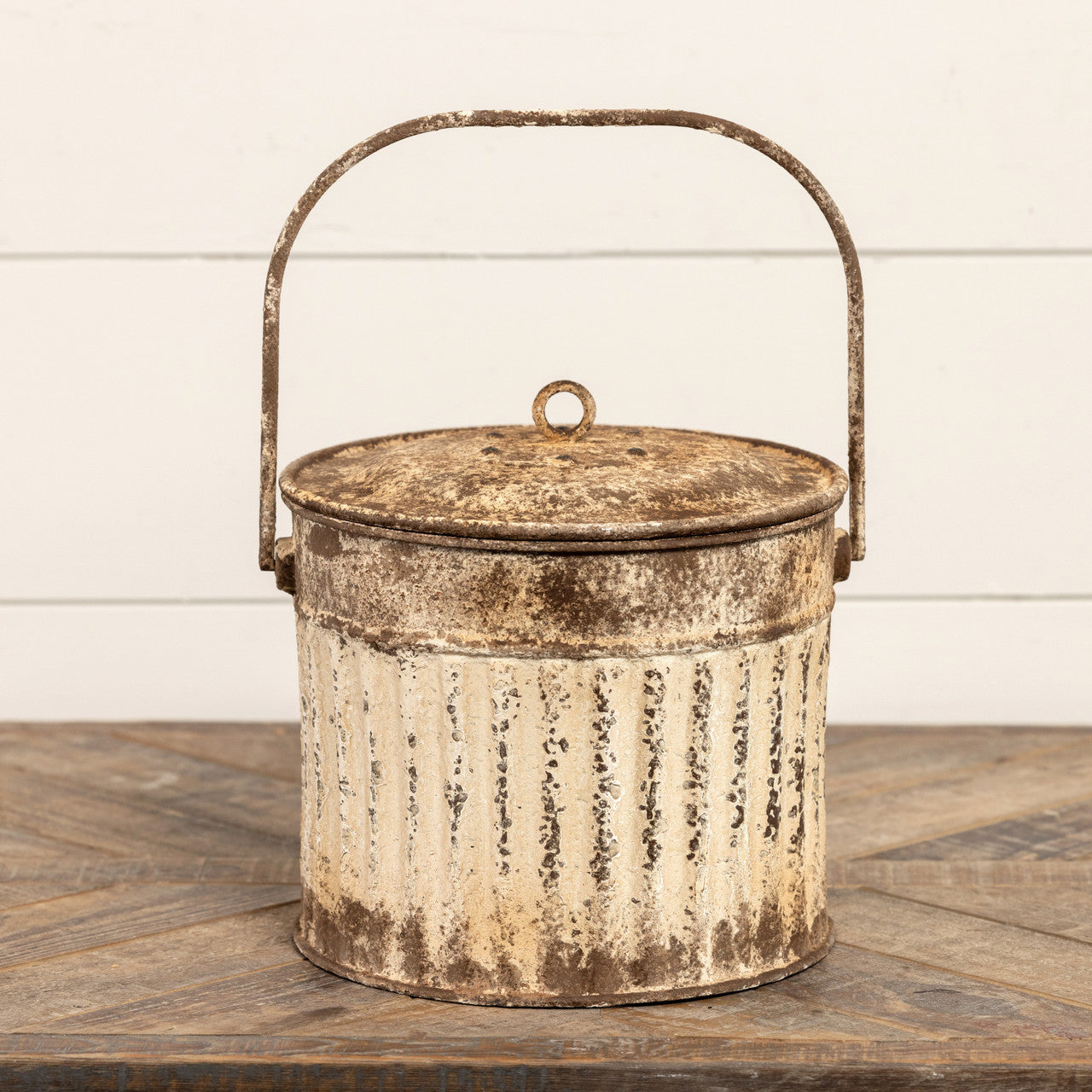 Aged White Metal Bucket With Lid