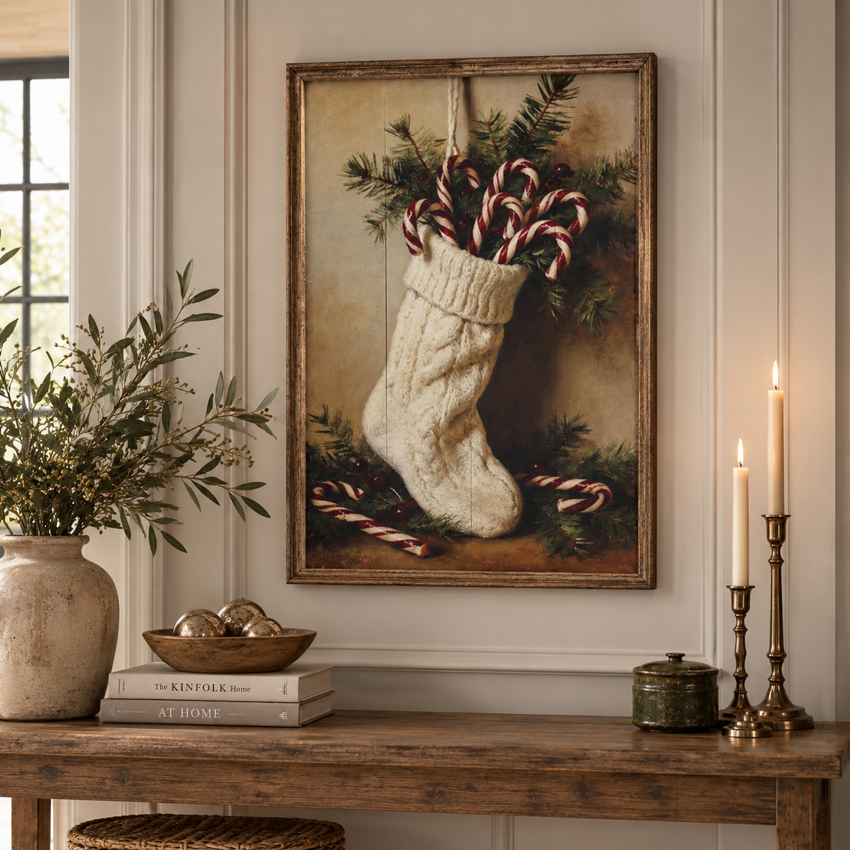 Stocking Candy Canes Wood Framed Print