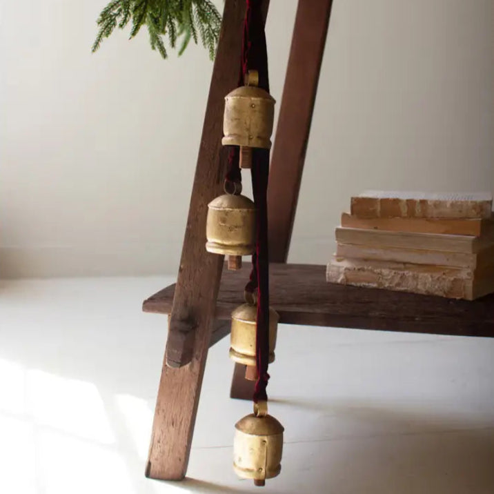 Jingle Bell Cluster With Maroon Velvet Ribbon