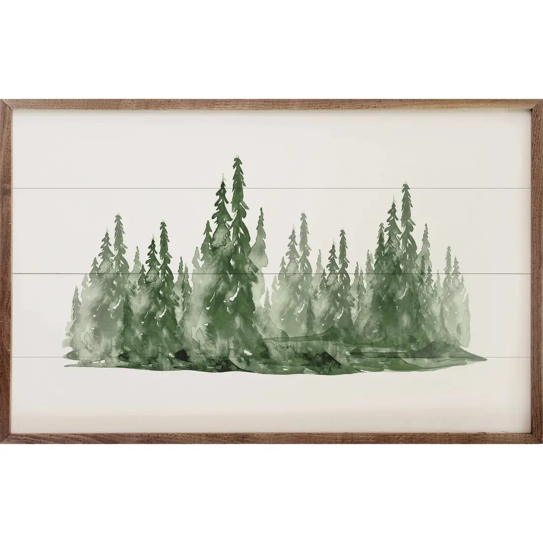 Watercolor Pines Forest Wood Framed Print