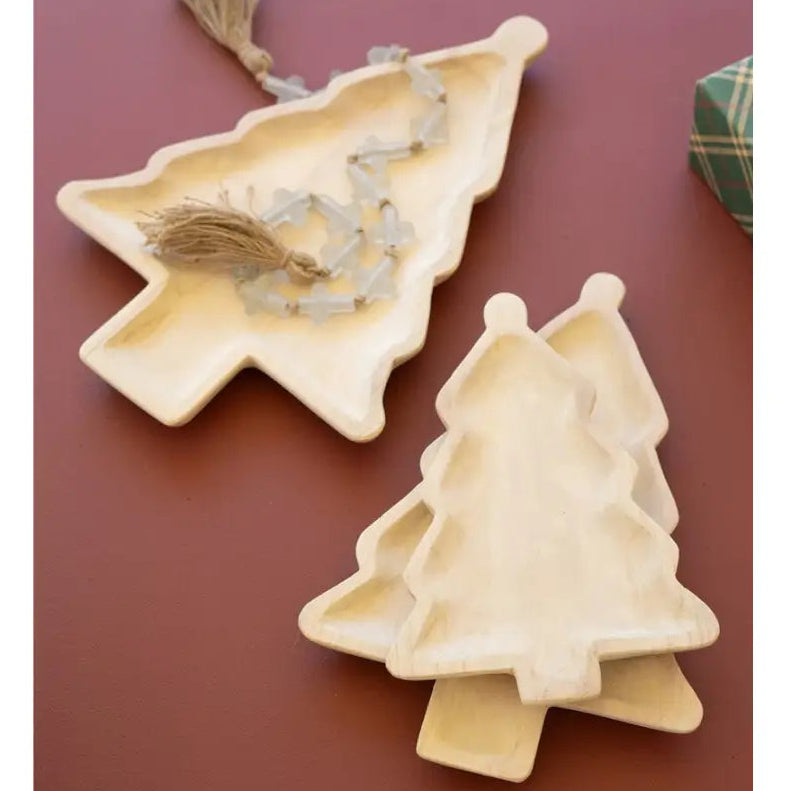 Carved Wood Christmas Tree Platter Set