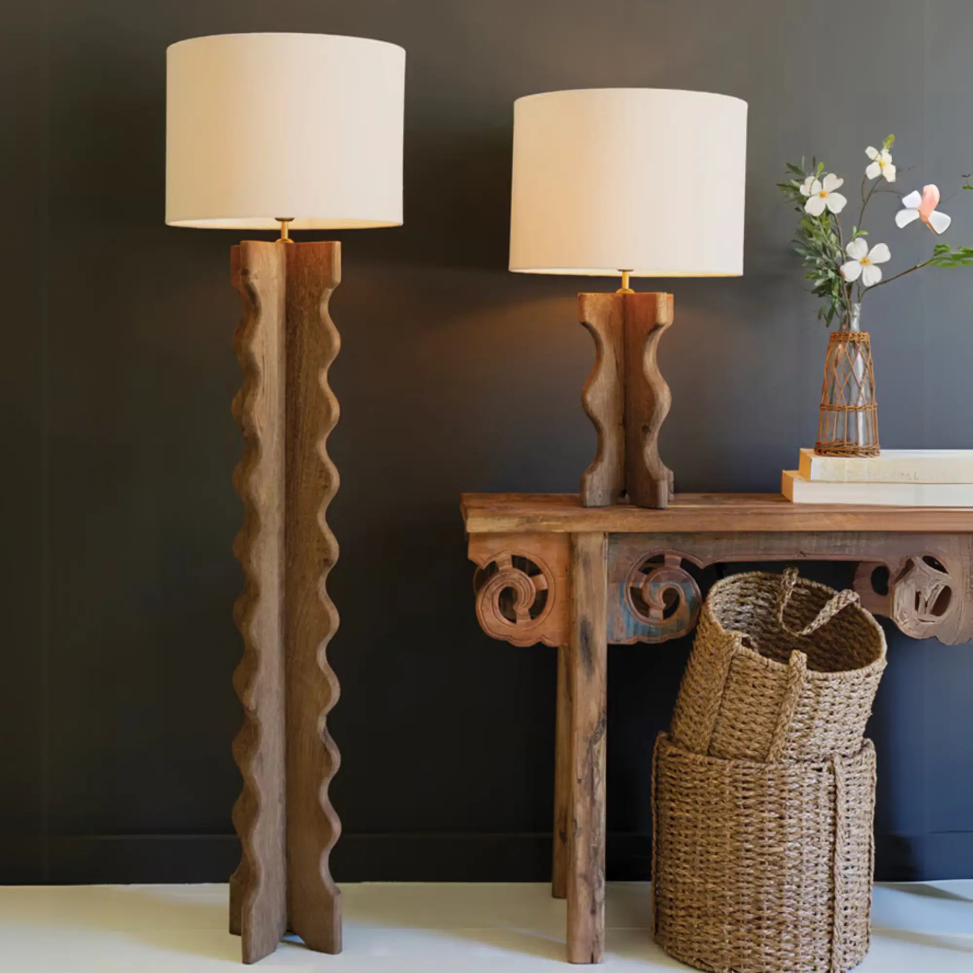 Wavy Mango Wood Table & Floor Lamp