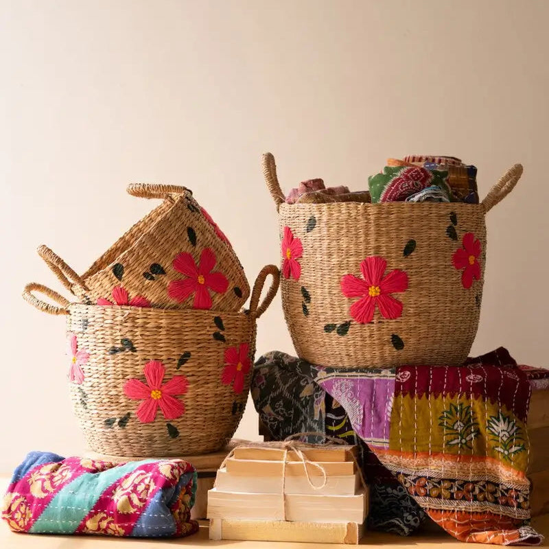 Seagrass Embroidered Flowers Basket Set