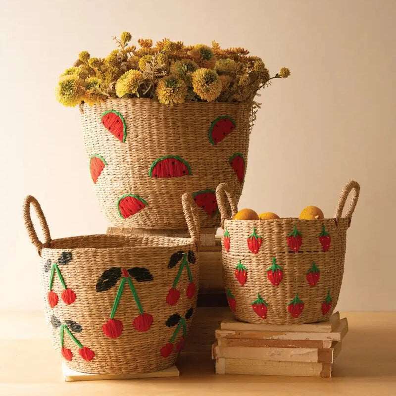 Seagrass Embroidered Fruit Basket Set