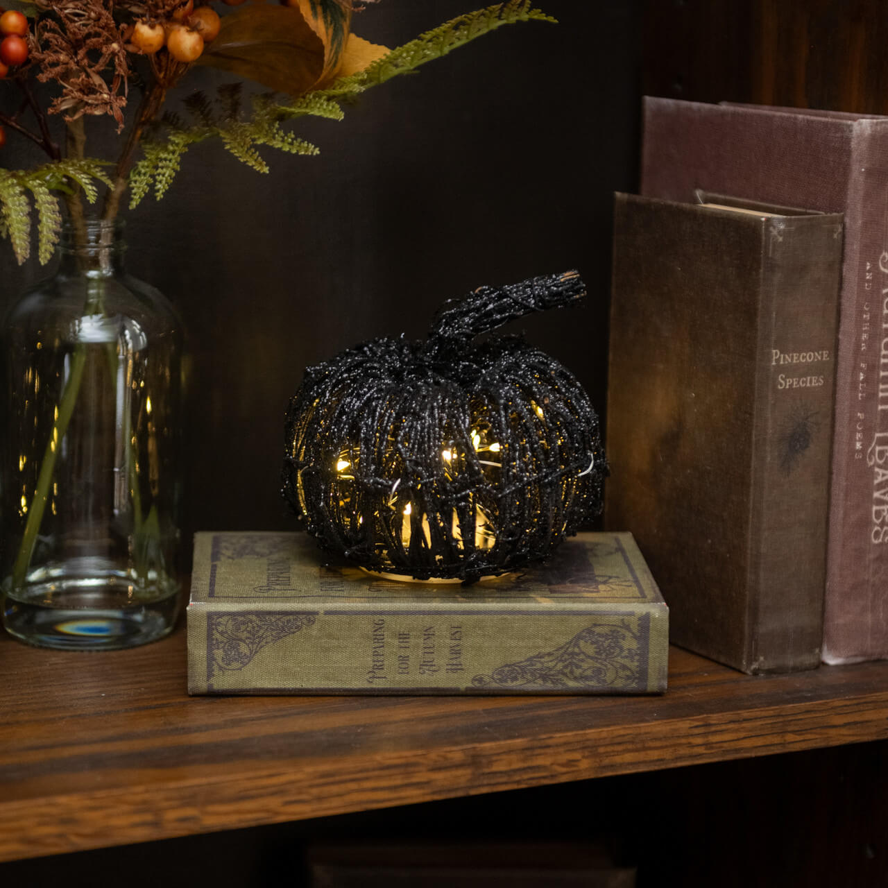 Lighted Black Glitter Rattan Pumpkin