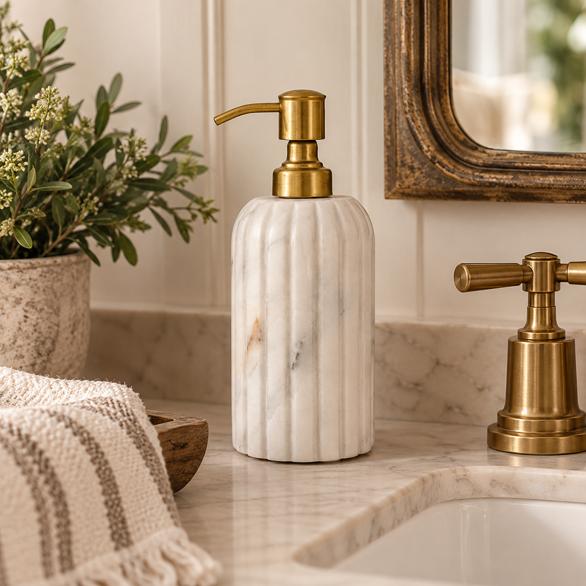 White Marble & Brass Soap Dispenser