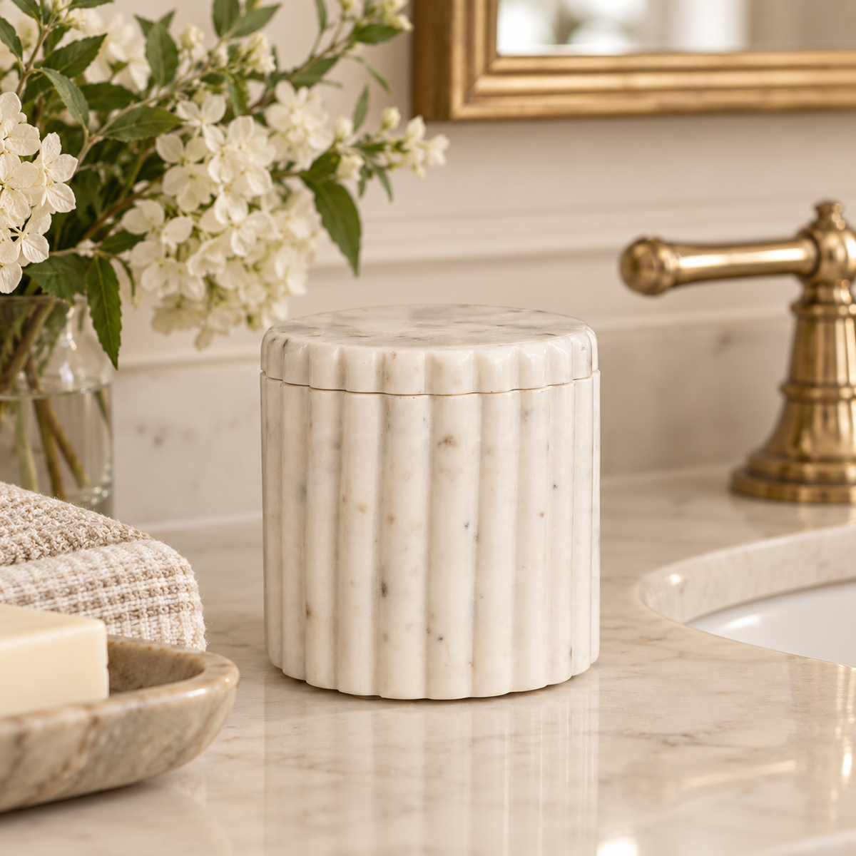 White Marble Fluted Canister