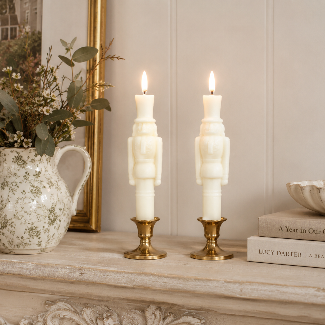 3D Flame Cream Shimmer Nutcracker Taper Candle Set