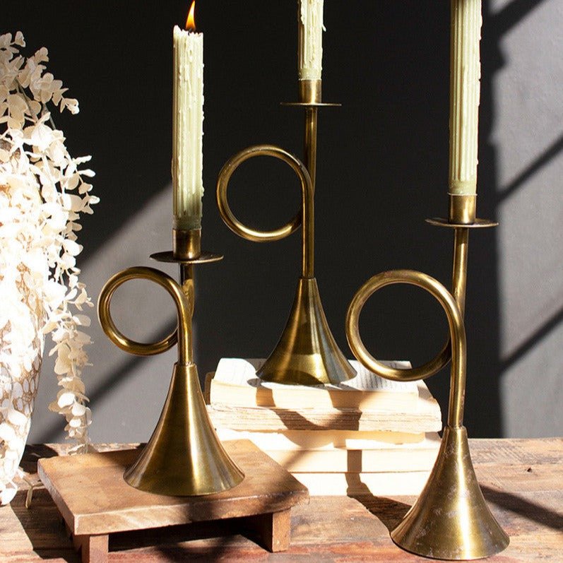 Antiqued Brass Trumpet Taper Candle Holder Set - A Cottage in the City