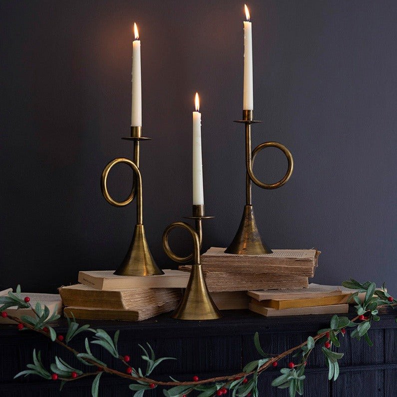Antiqued Brass Trumpet Taper Candle Holder Set A Cottage in the City