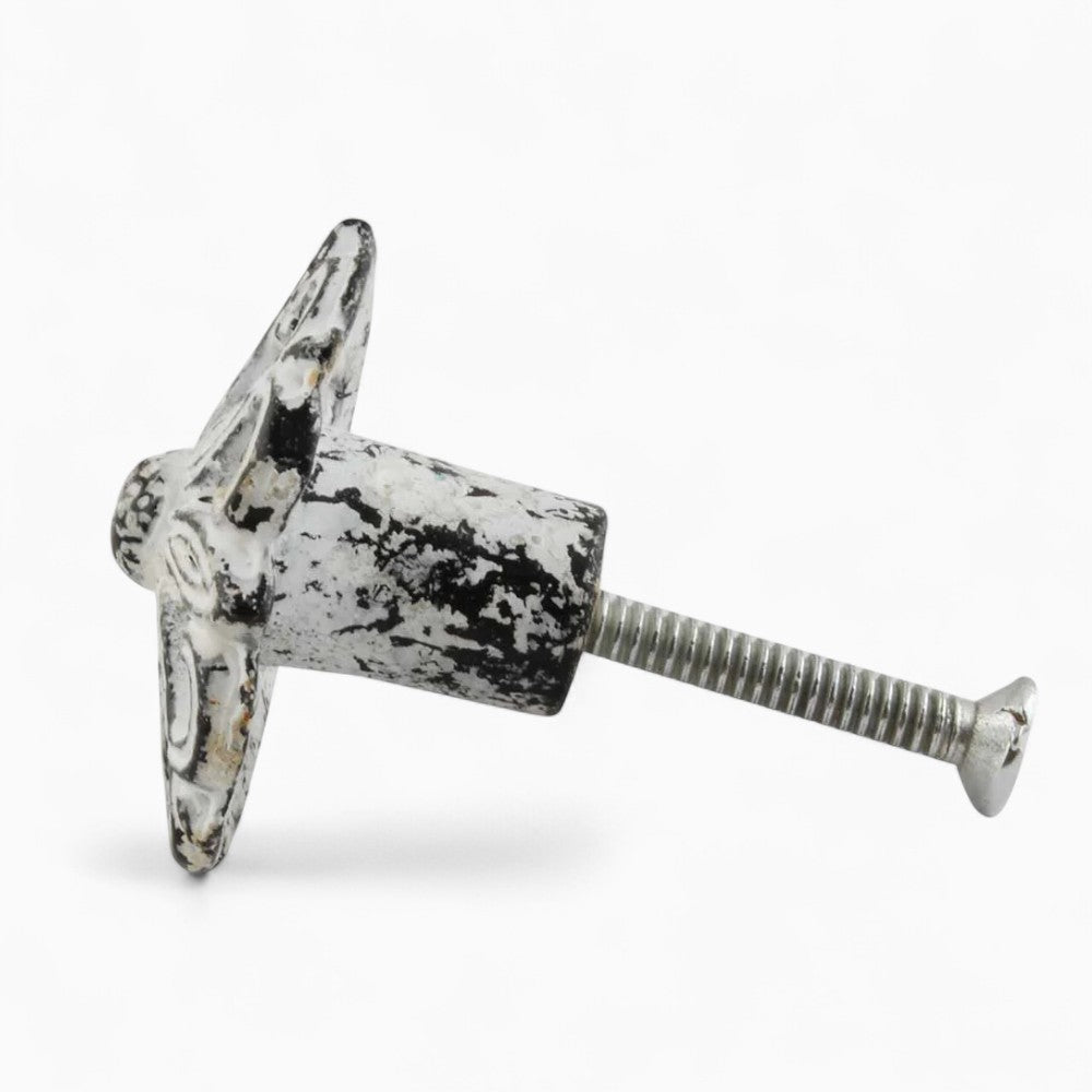 Antiqued White Floral Metal Knob