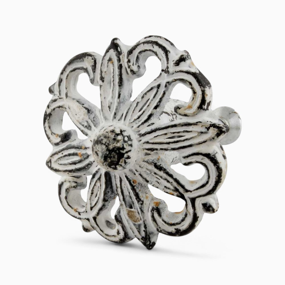 Antiqued White Floral Metal Knob