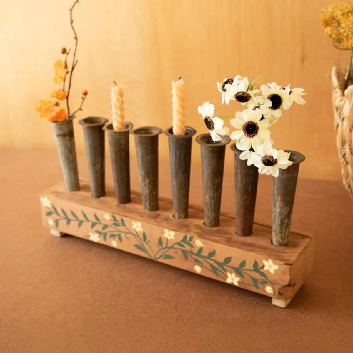 Metal Bud Vases With Hand-Painted Wooden Base