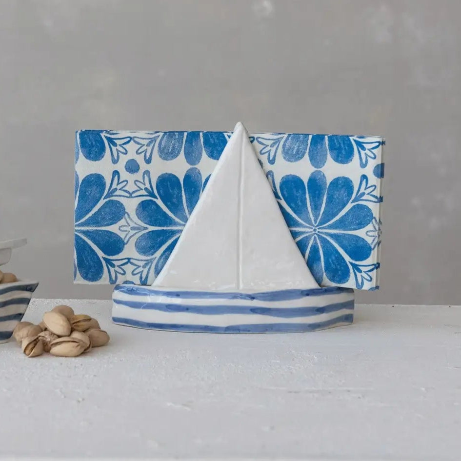 Stoneware Sailboat Shaped Napkin Holder