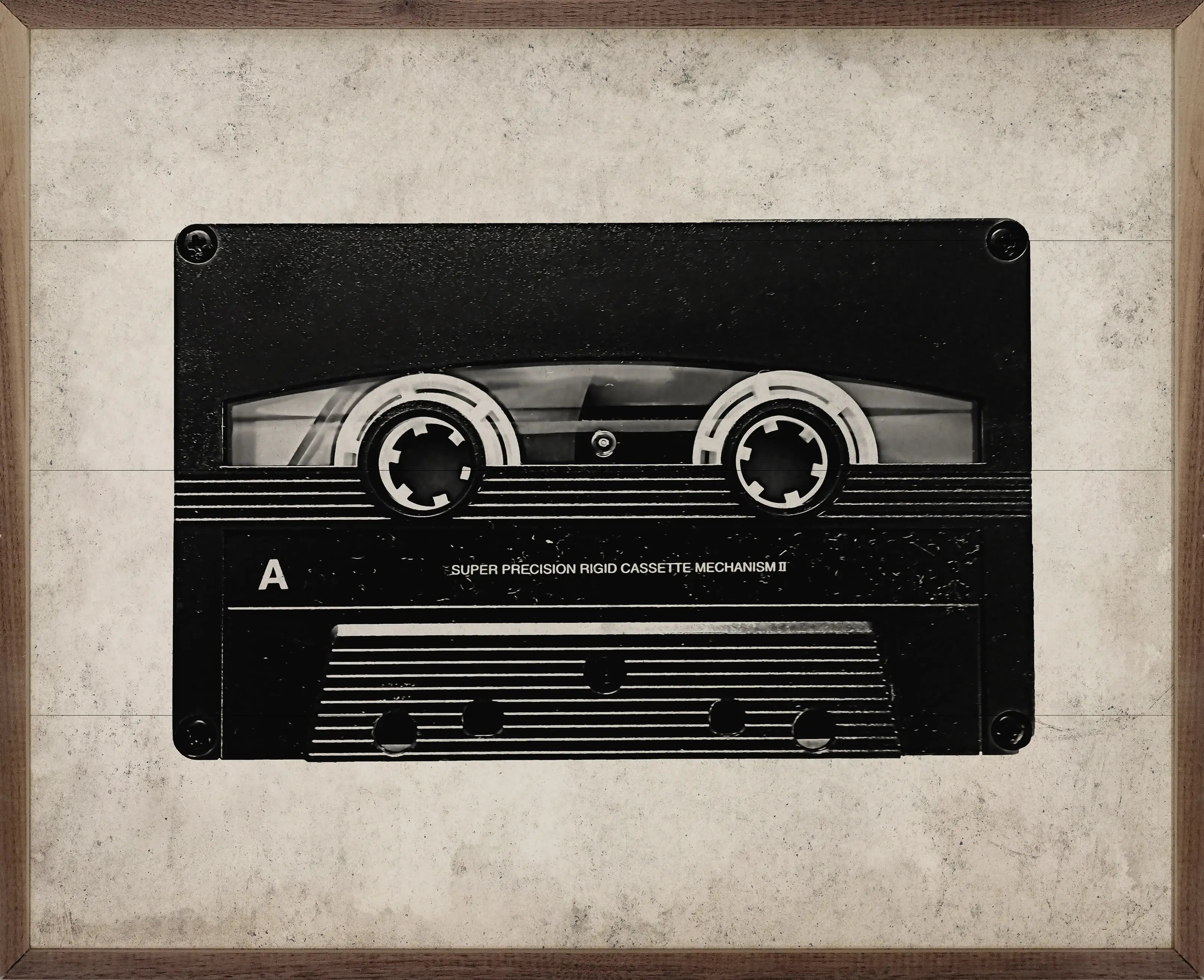 Cassette In Black & White Wood Framed Print