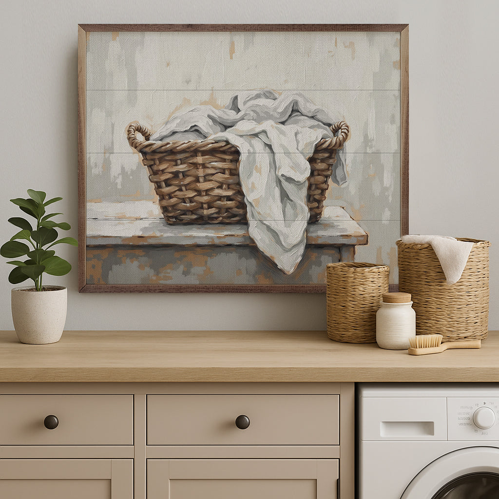Laundry Basket Wood Framed Print
