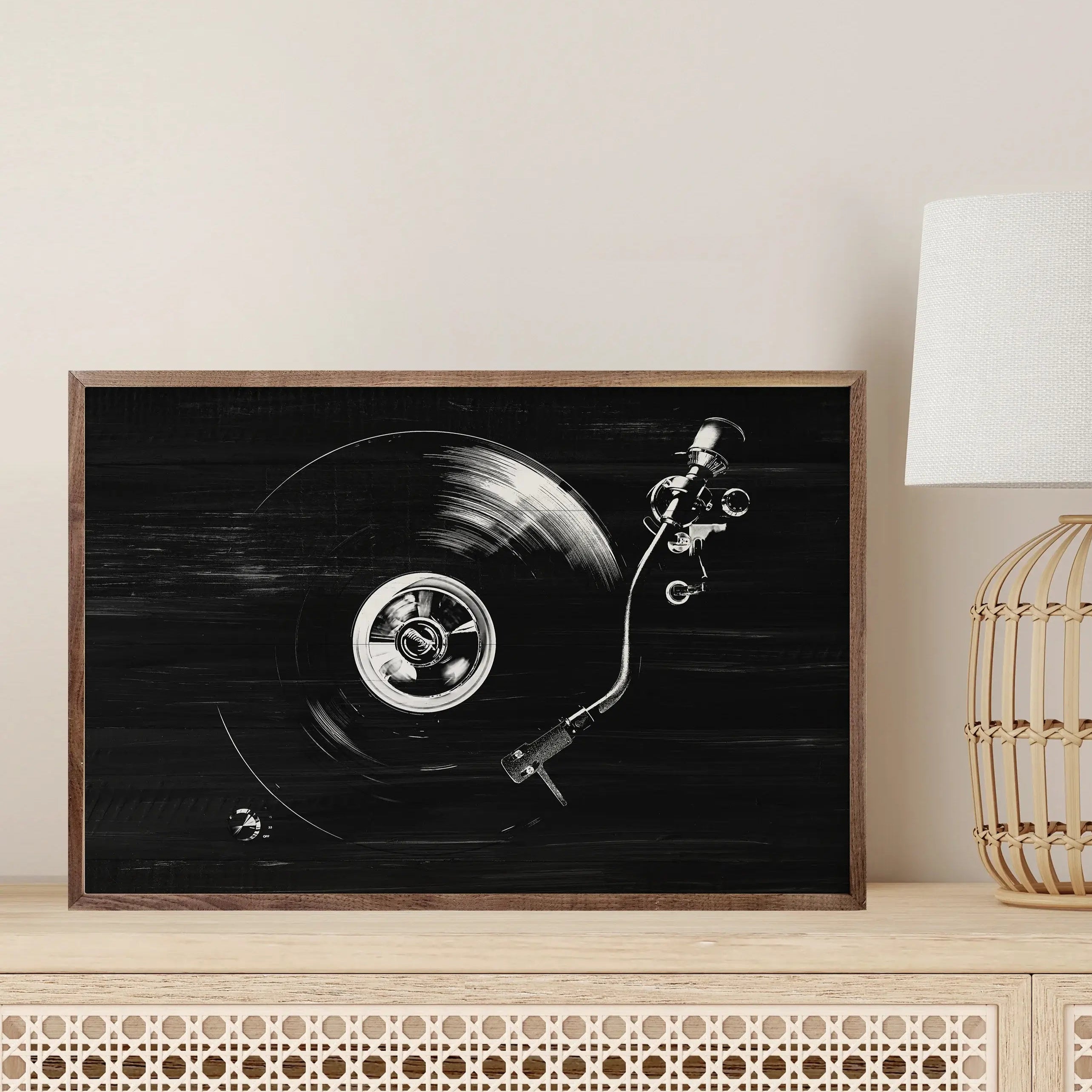 Record Player In Black & White Wood Framed Print