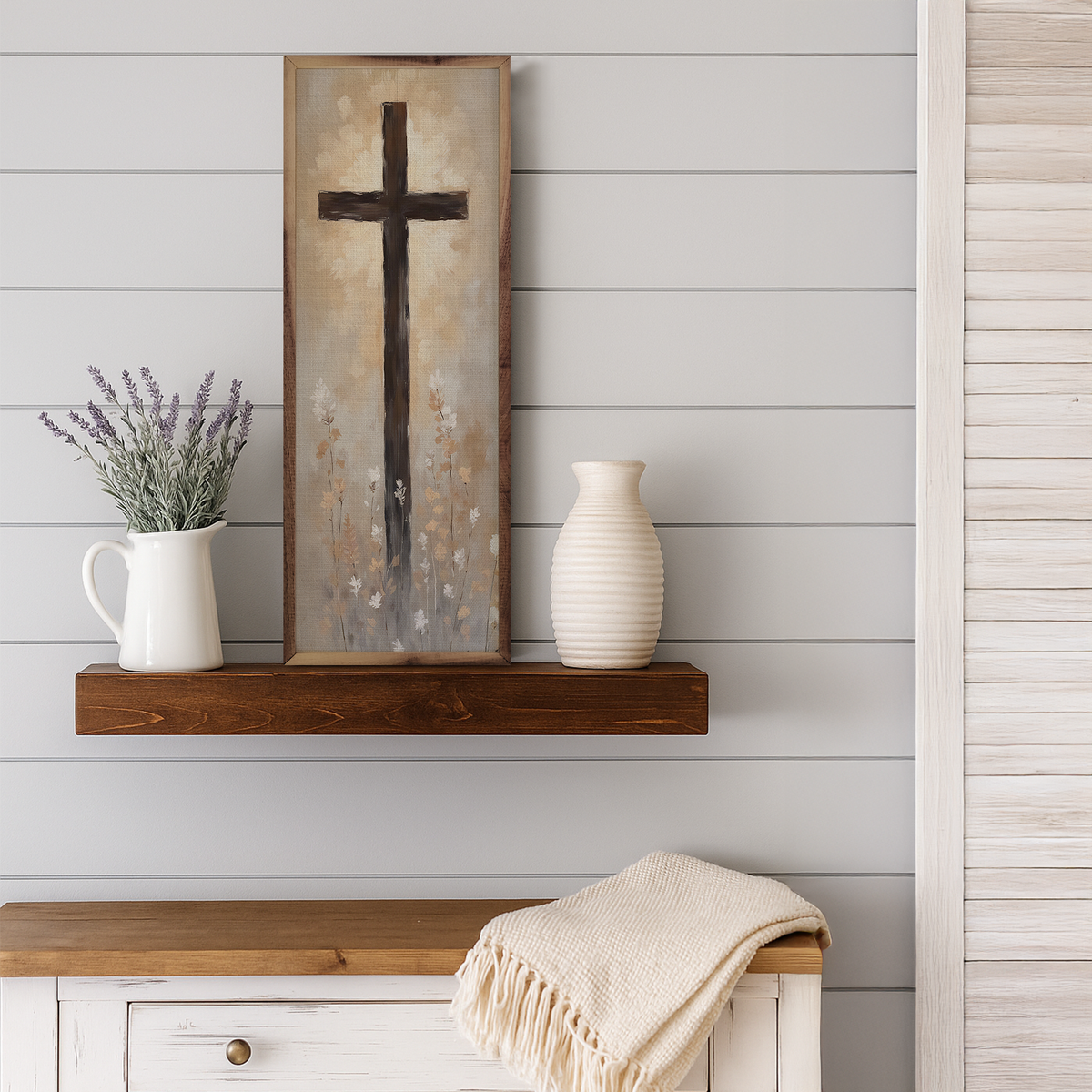 Cross & Flowers Wood Framed Print