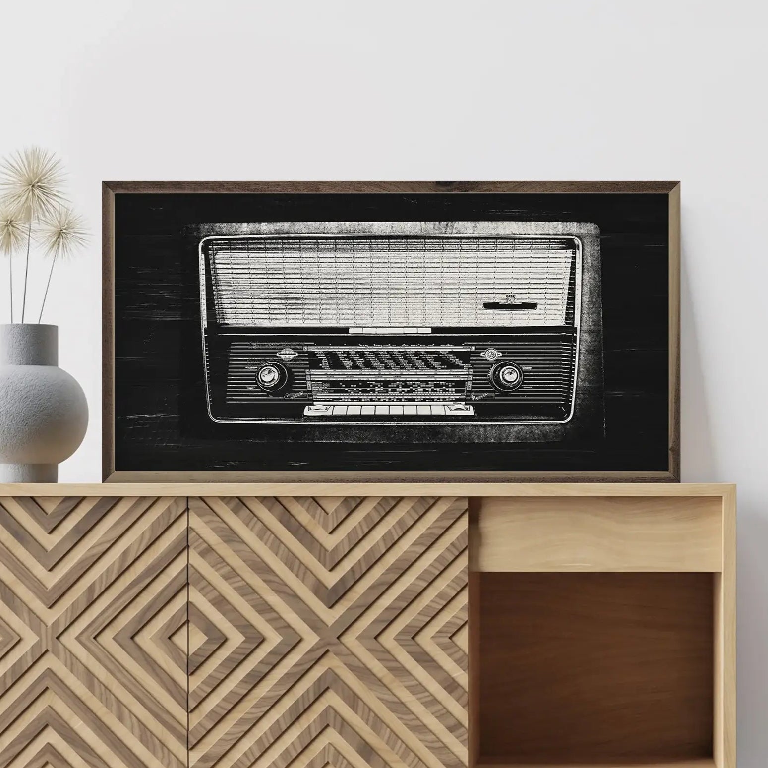 Radio In Black & White Wood Framed Print