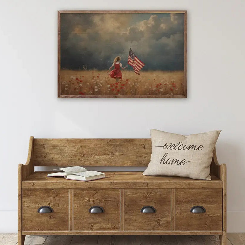 Girl Carrying Flag Wood Framed Print