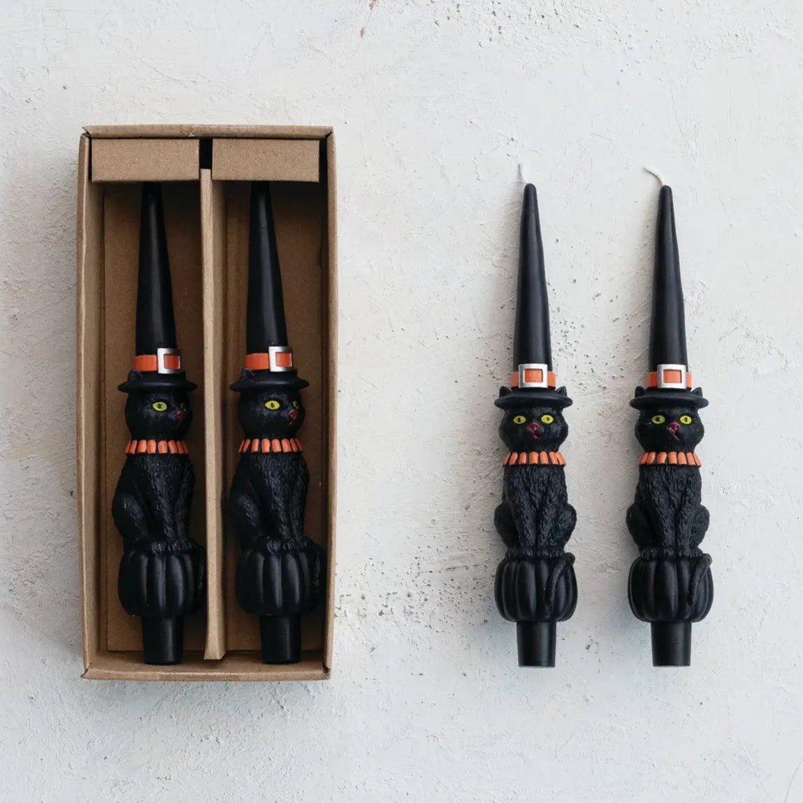 Cat With Witch Hat Shaped Taper Candle Set
