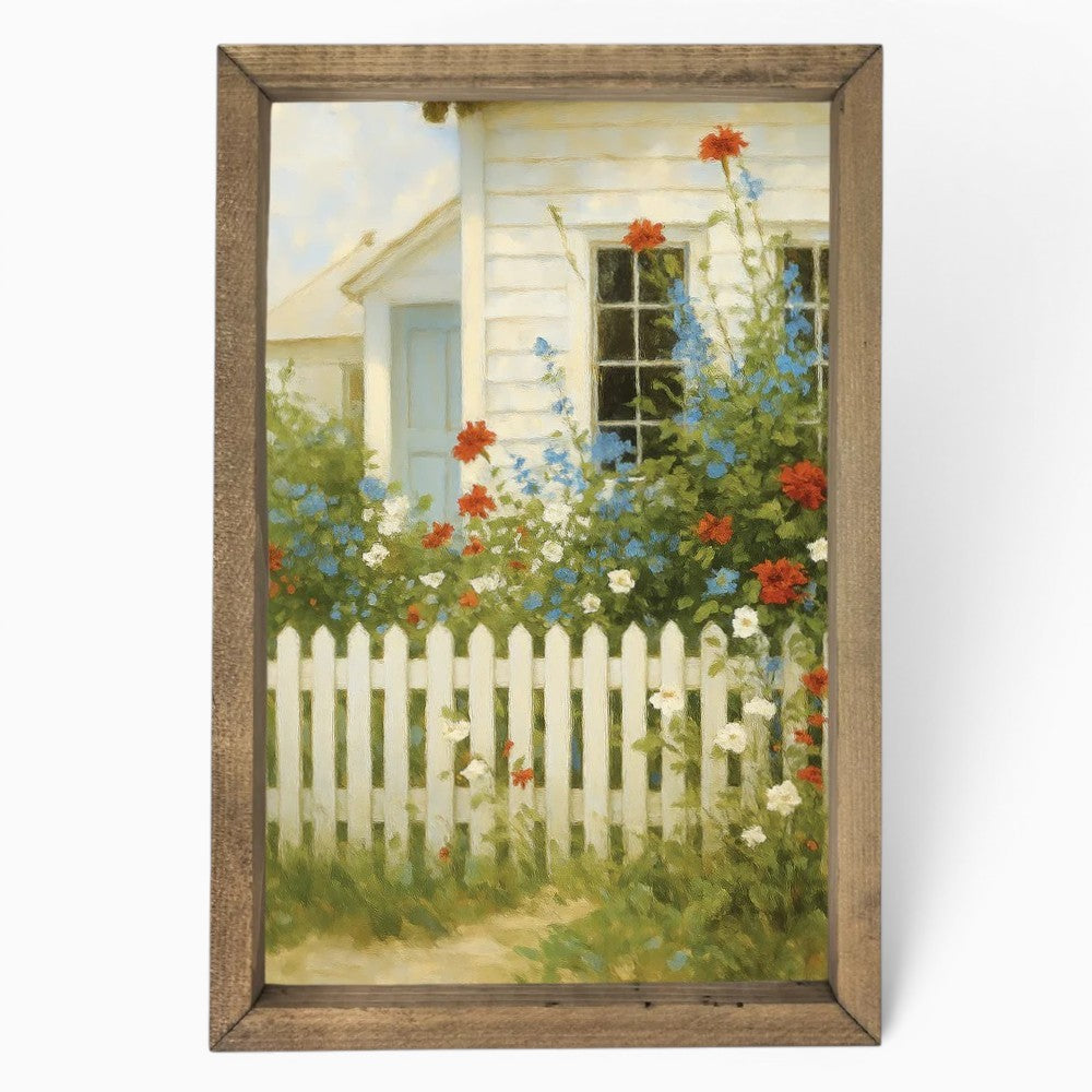 Picket Fence With Flowers Framed Art