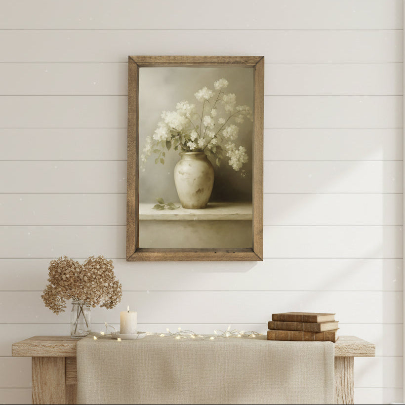 White Flowers & Vase Framed Art