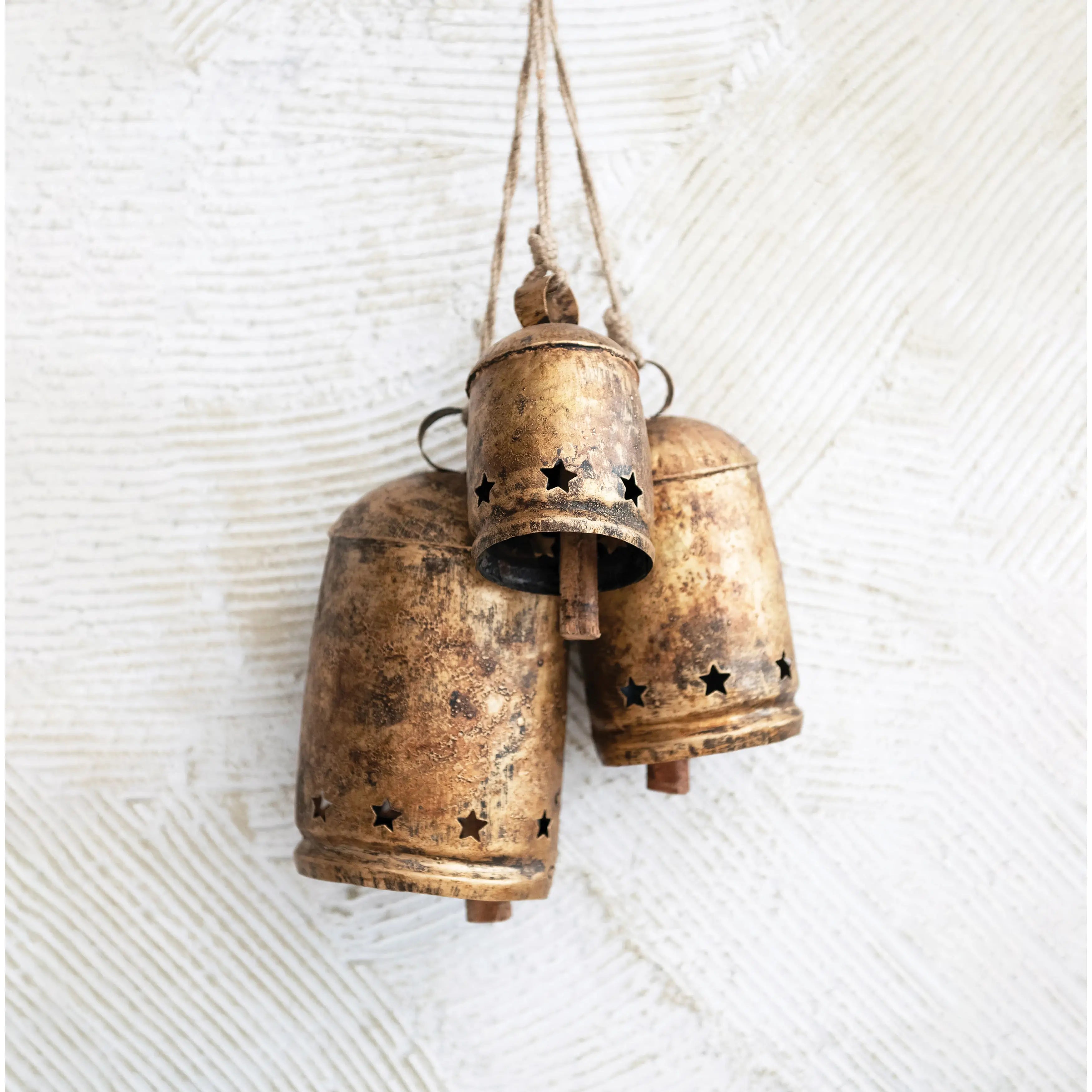 Antiqued Brass Metal Bell On Jute Rope Hanger