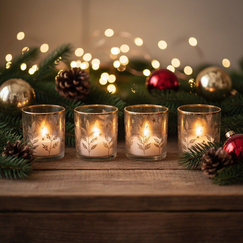 Hand Painted Etched Glass Tealight Holder Set