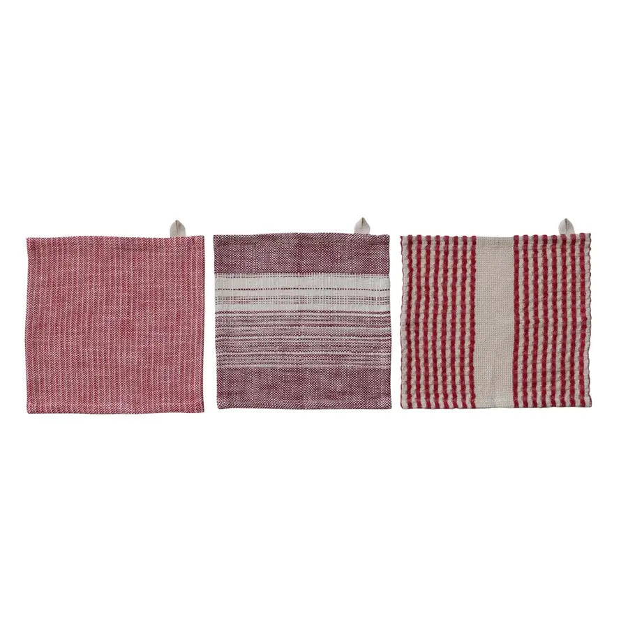 Red Stripes Cotton Waffle Dish Cloth Set