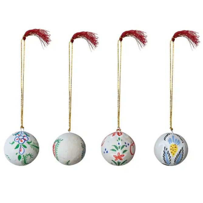 Paper Mache Ball Ornament With Tassel Set