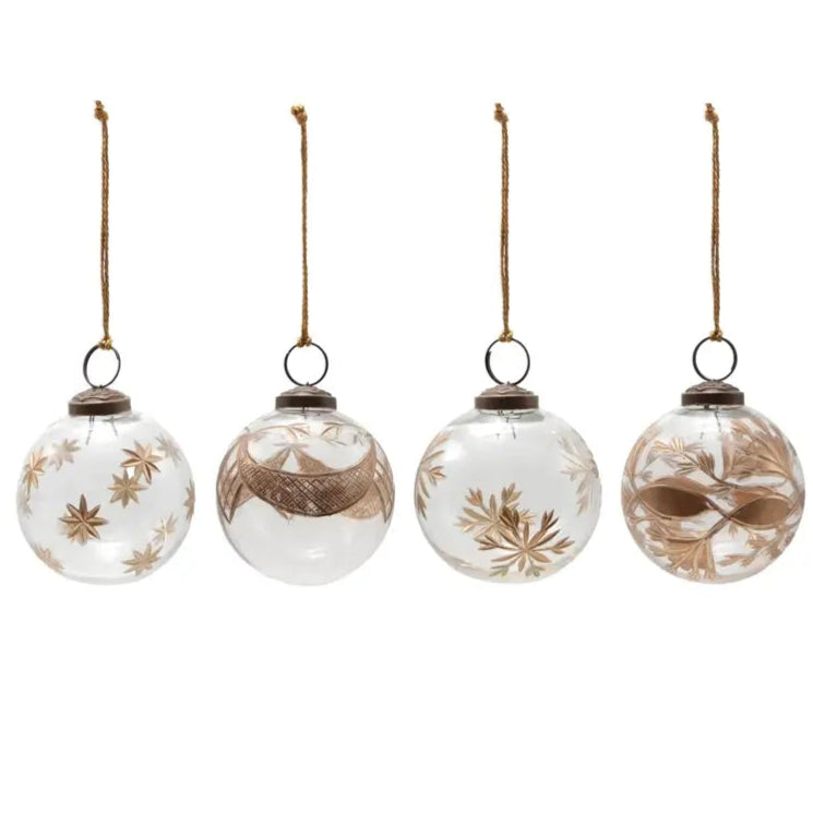 Hand Painted Etched Glass Ball Ornament Set