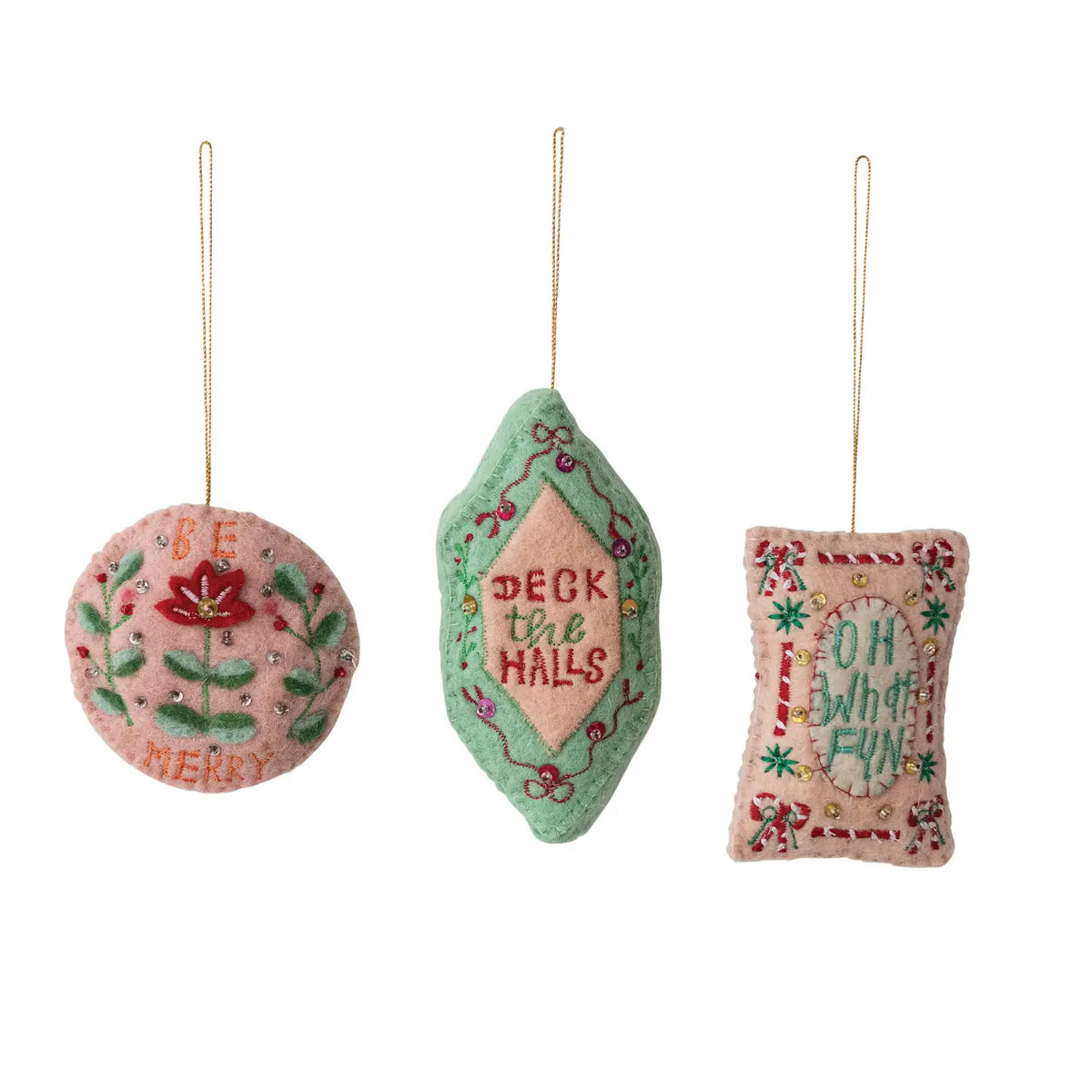 Wool Felt Embroidered Holiday Sentiment Ornament