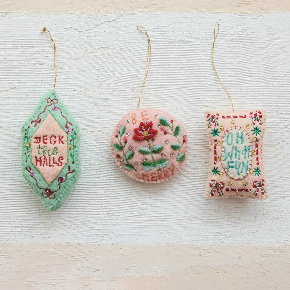 Wool Felt Embroidered Holiday Sentiment Ornament