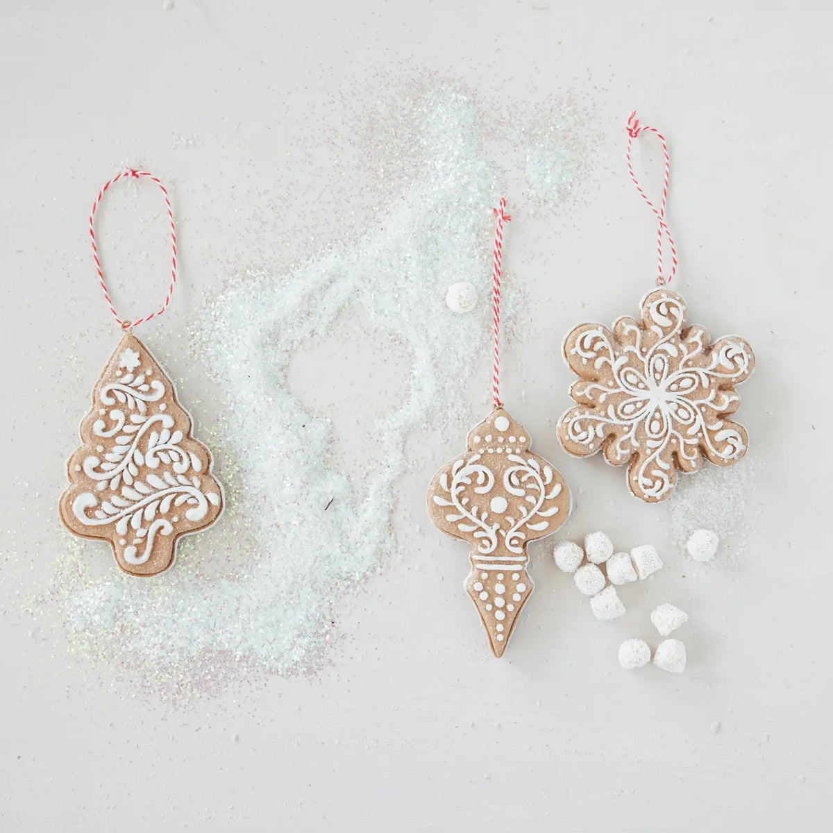 Glittered Gingerbread Cookie Shaped Ornament Set