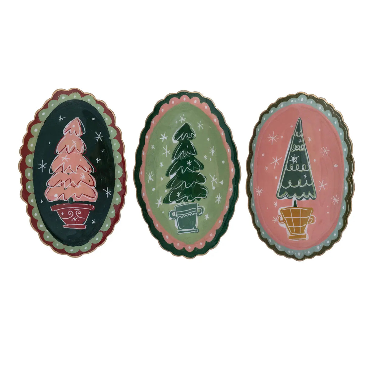 Whimsical Christmas Tree Enamel Scalloped Tray
