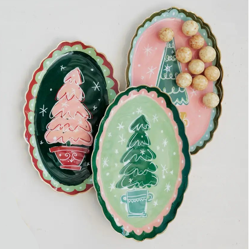 Whimsical Christmas Tree Enamel Scalloped Tray
