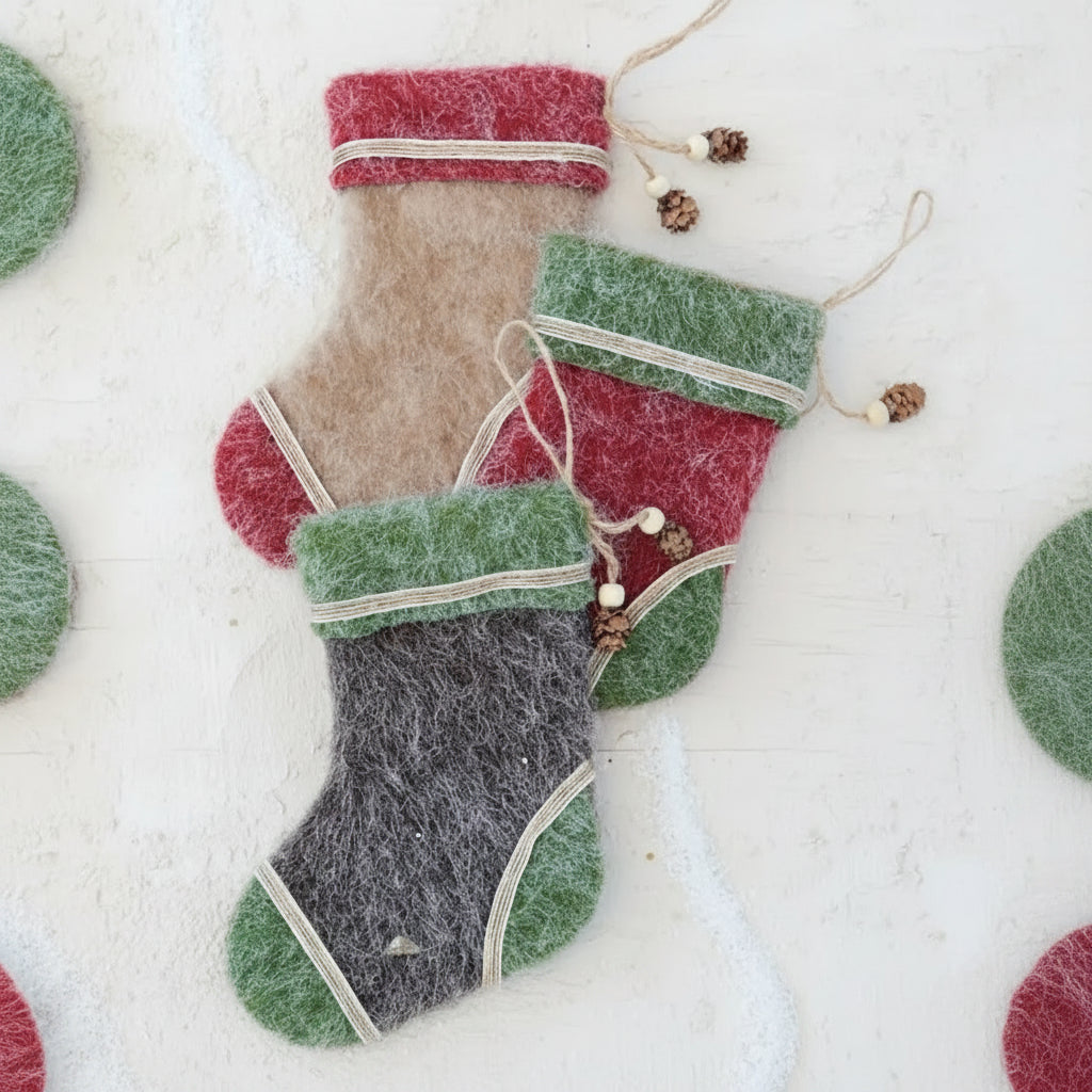 Felt Stocking & Pinecone Tassel Ornament Set