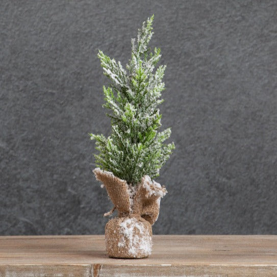 14" Snowy Pencil Tree With Burlap Base