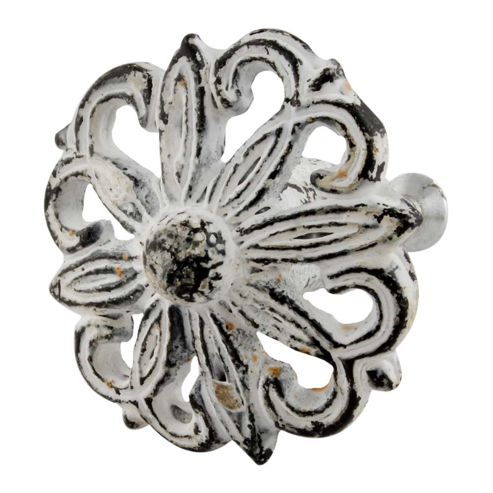 Antiqued White Floral Metal Knob