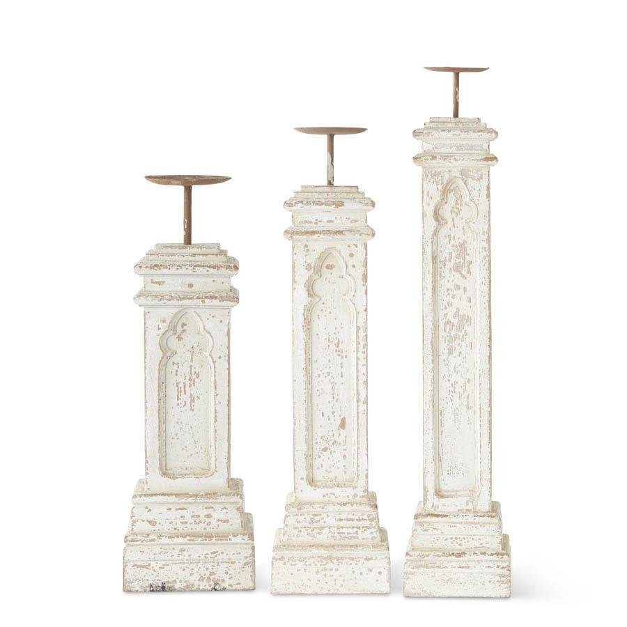 Distressed White Wood Architectural Candle Holder