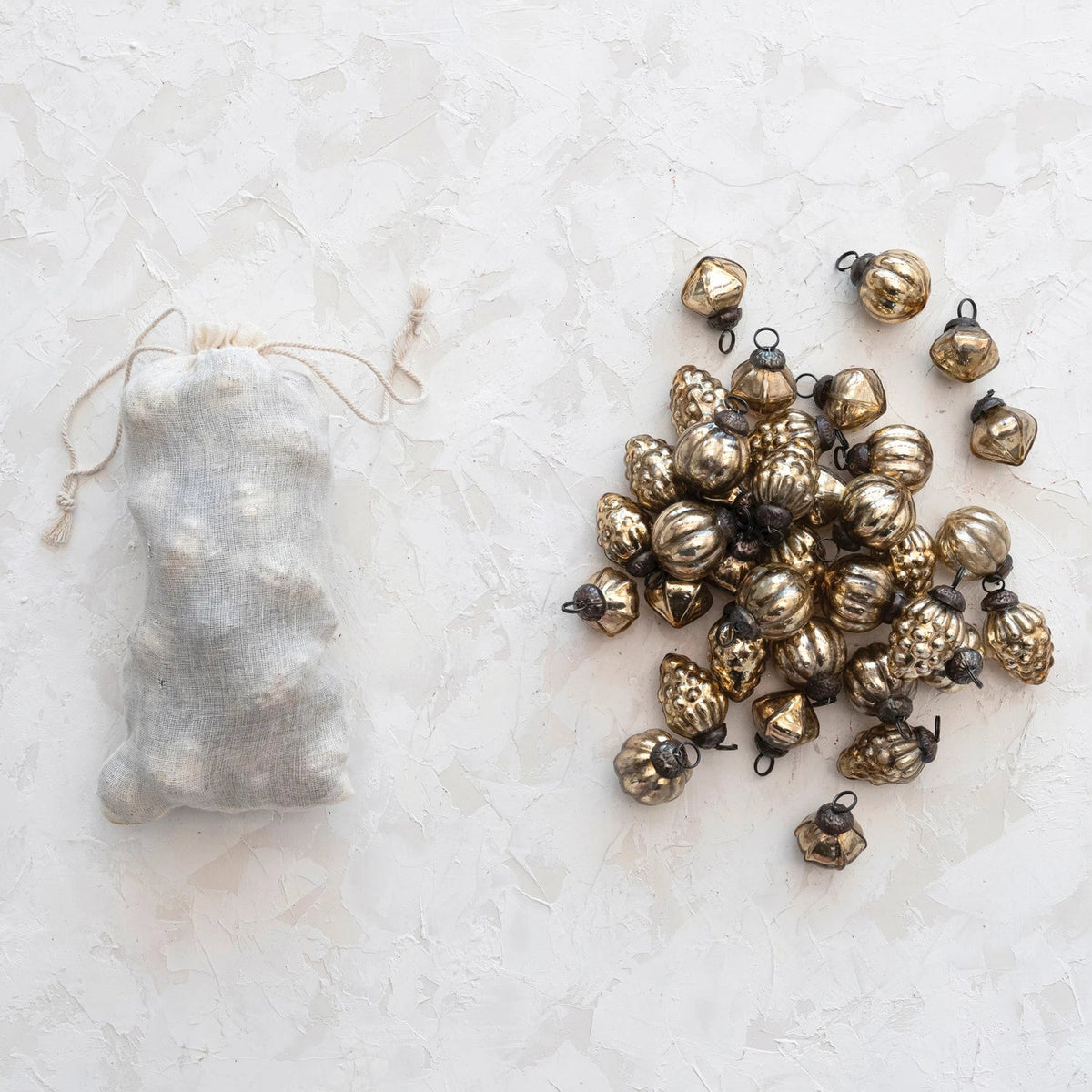 Embossed Antiqued Gold Mercury Glass Ornaments Set of 36