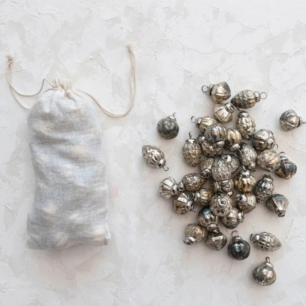 Embossed Antiqued Silver Mercury Glass Ornaments Set of 36