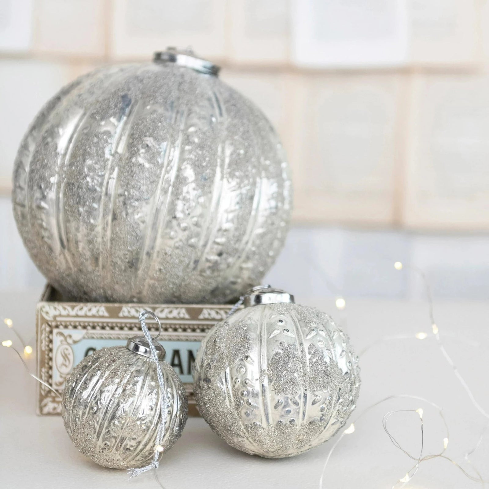 Embossed & Flocked Seed Glass Ball Ornament