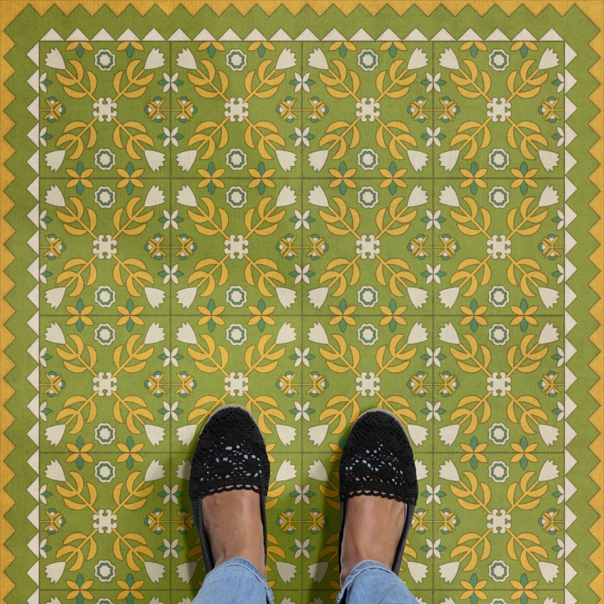 Folk Art Museum Floral Quilt First Day Of Spring Vinyl Floor Cloth