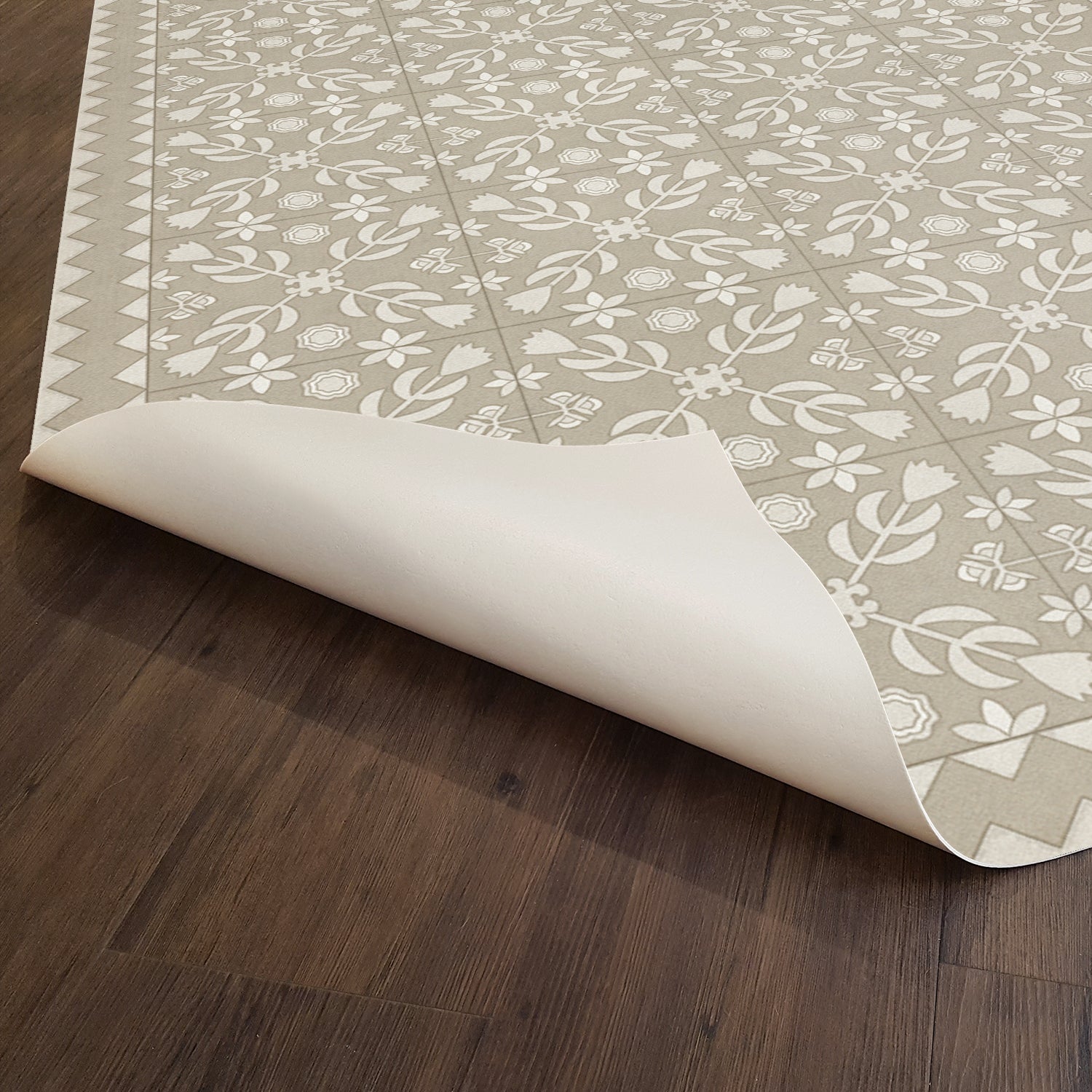 Folk Art Museum Floral Quilt Woman In White Vinyl Floor Cloth